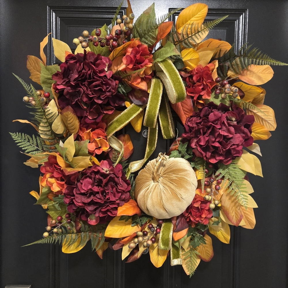 Gorgeous Hand Crafted Autumn Harvest Wreath with Burgundy and Gold Accents